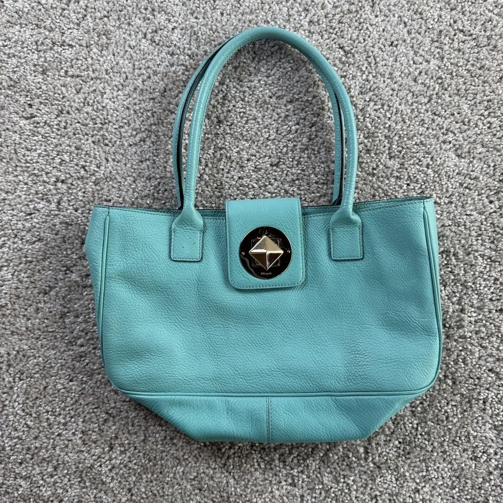 Kate Spade Tote Bag Womens Medium Turquoise Leather Clasp Shoulder Inner Pockets